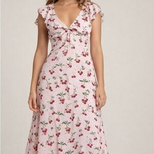 Sister Jane Halter Neck Maxi Dress Cherry Print Pink XS Open Back Long Dress